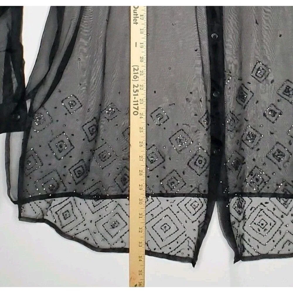 Venezia Sheer Button Collar Shirt Women 22 24 Black Beaded‎ Witchy Whimsigoth